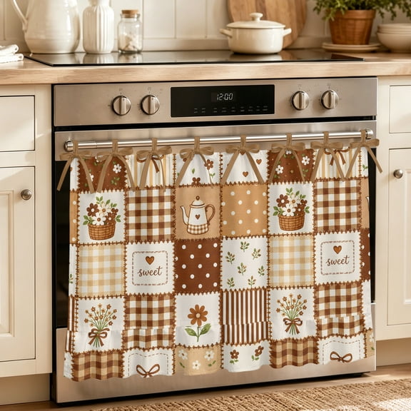 Oven Skirt Curtain for Kitchen 24x32 Inch, Flowers Patchwork Oven Curtain with 8 Ribbon Ties & Ruffle Trim, Stove Skirt Curtain Dishwasher for Cabinets Over Sinks Brown Farmhouse Country Plaid