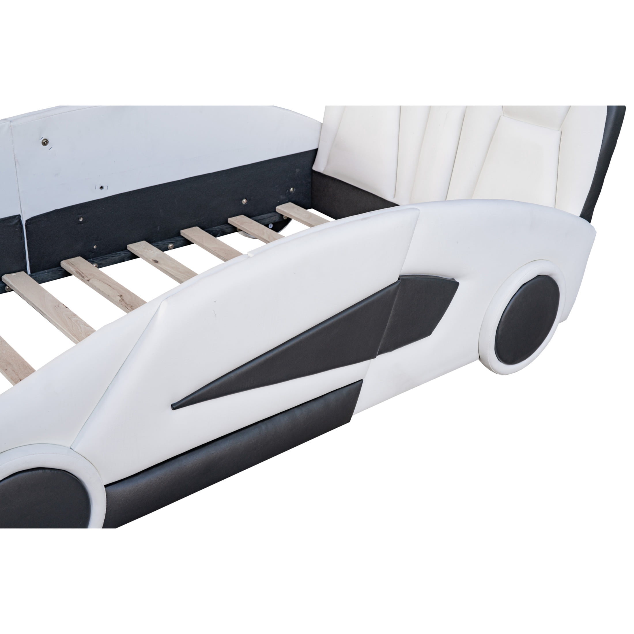 Noble House Twin Race Car-Shaped Platform Bed, Sturdy Pine Wood Frame with Wheels and Guardrails, White