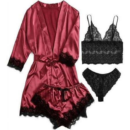 SkyAuks 4Pcs Women s Floral Lace Trim Cami Lingerie  Satin Pajama Set  Sleepwear with Robe  Burgundy  M