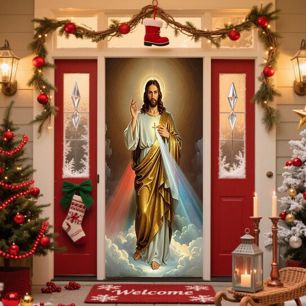 Bandera navideña para puerta | Decoración navideña de poliéster de 180 x 90 cm | Tema religioso: Salvador, María, los Tres Reyes Magos y el Ángel | Decoración para fotos de fiestas en interiores y