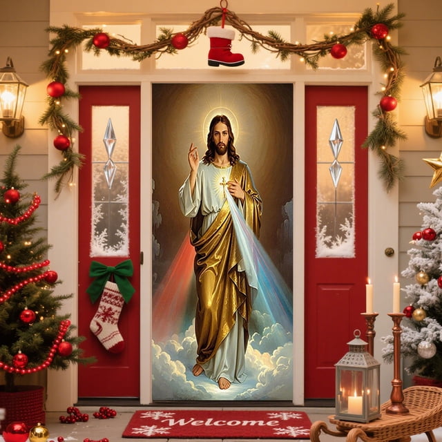 Bandera navideña para puerta | Decoración navideña de poliéster de 180 x 90 cm | Tema religioso: Salvador, María, los Tres Reyes Magos y el Ángel | Decoración para fotos de fiestas en interiores y