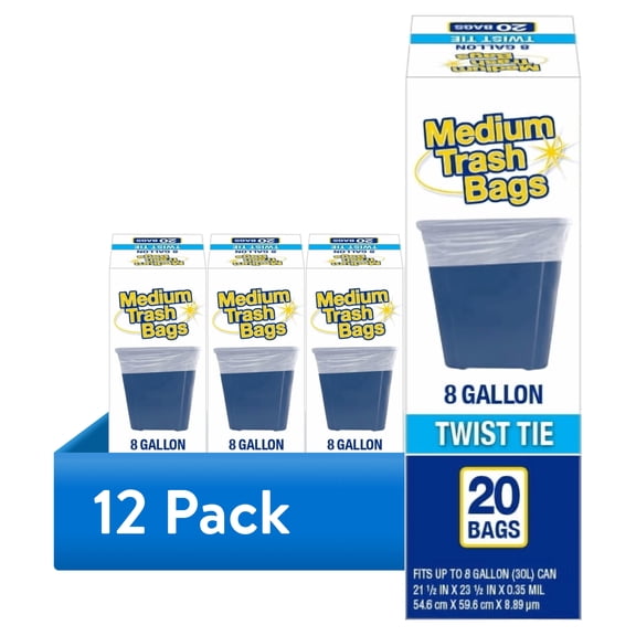 (12 pack) Basic Medium Trash Bags, 8 Gallon, Twist Tie, 20 Bags