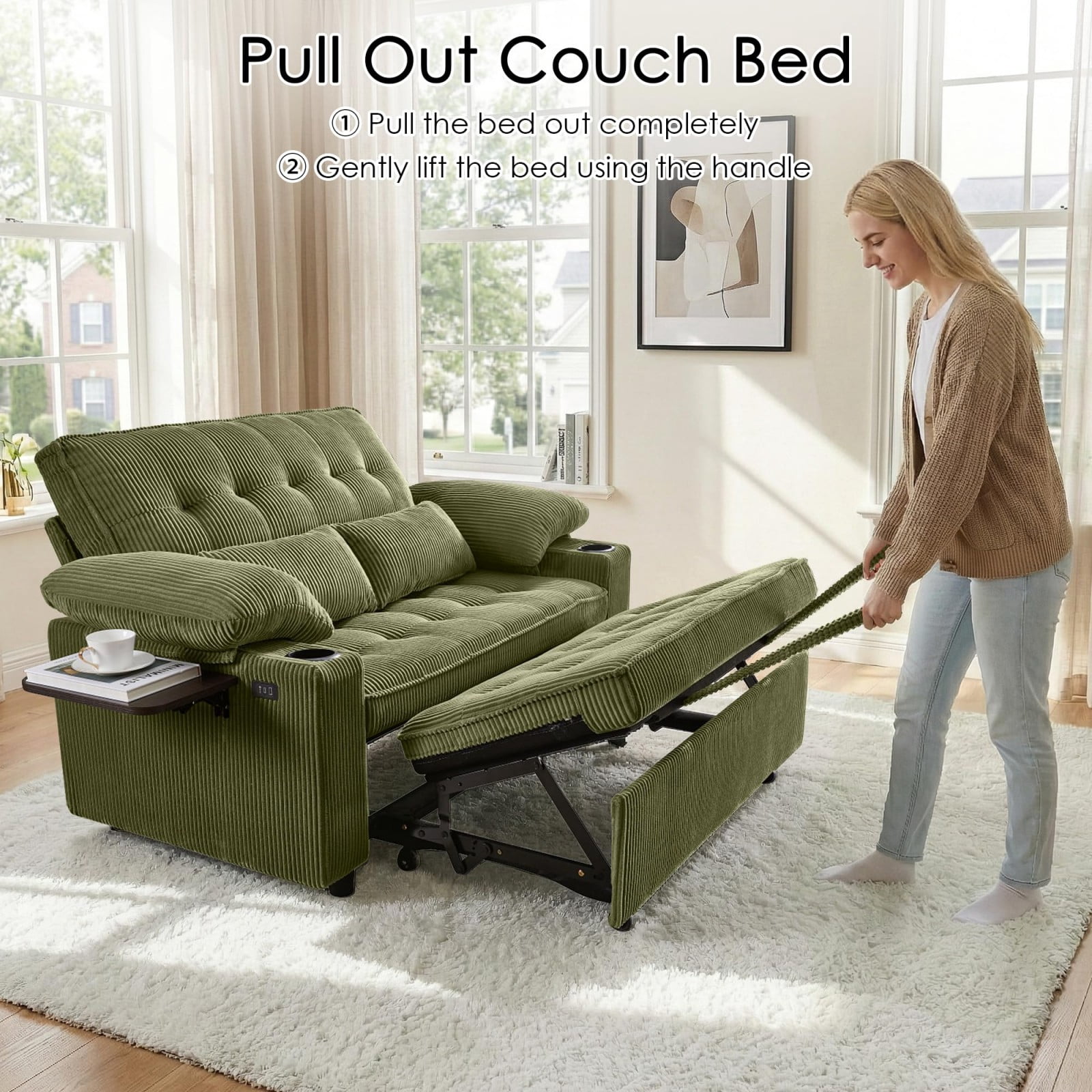 58" Sleeper Sofa Bed, Convertible Pull Out Couch Full Size Loveseat with Corduroy Fabric, USB Charging, Adjustable Backrest for Living Room Apartment Office, Green