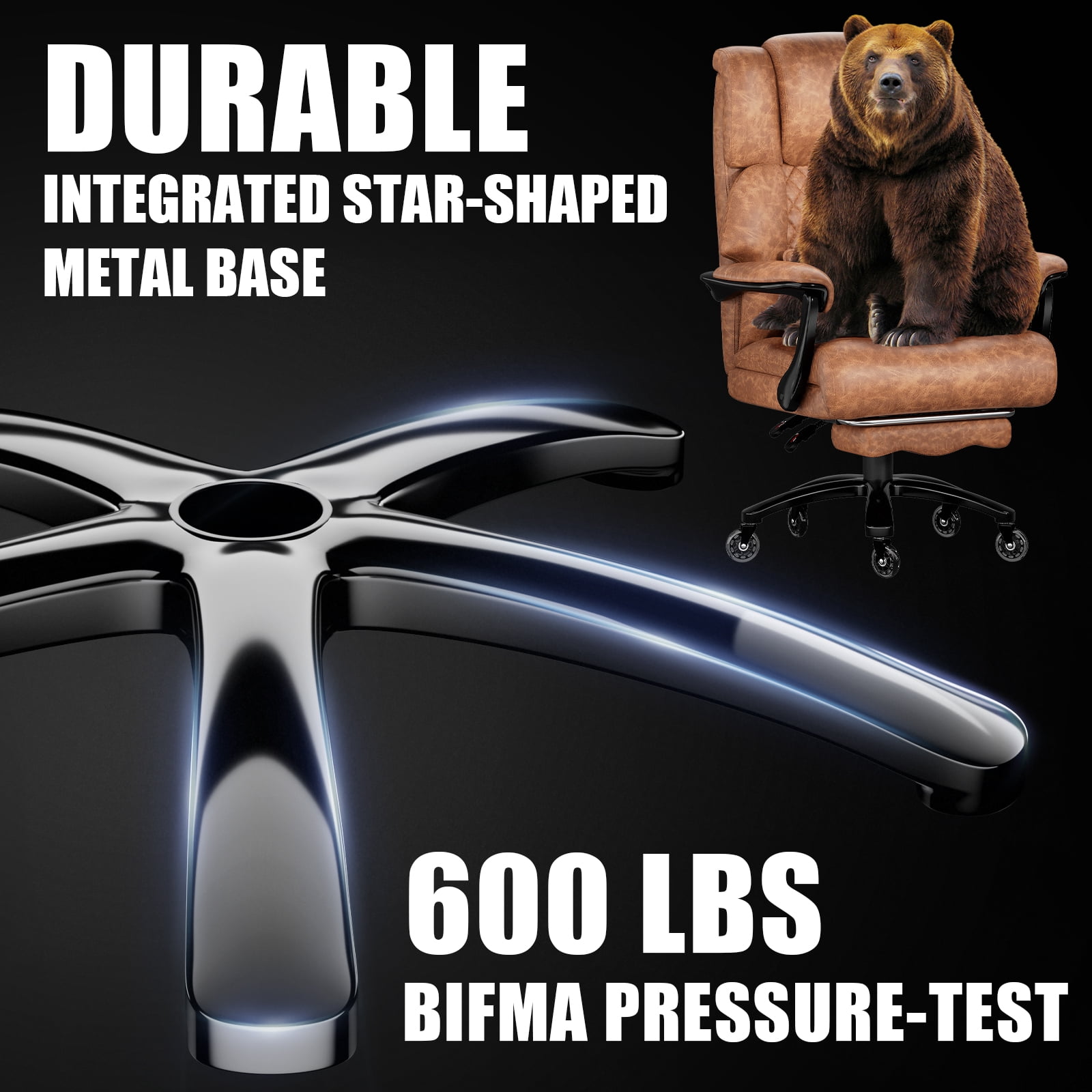 Big and Tall 700LBS Heavy Duty Executive Office Chair with Metal Base, Linkage Armrest, Footrest, Extra Thick Wide Cushion, Silent Rubber Wheels, Light Brown