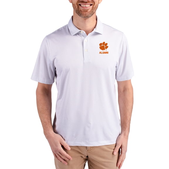 Men's Cutter & Buck White Clemson Tigers Alumni Pike Eco Symmetry Print Stretch Recycled Polo