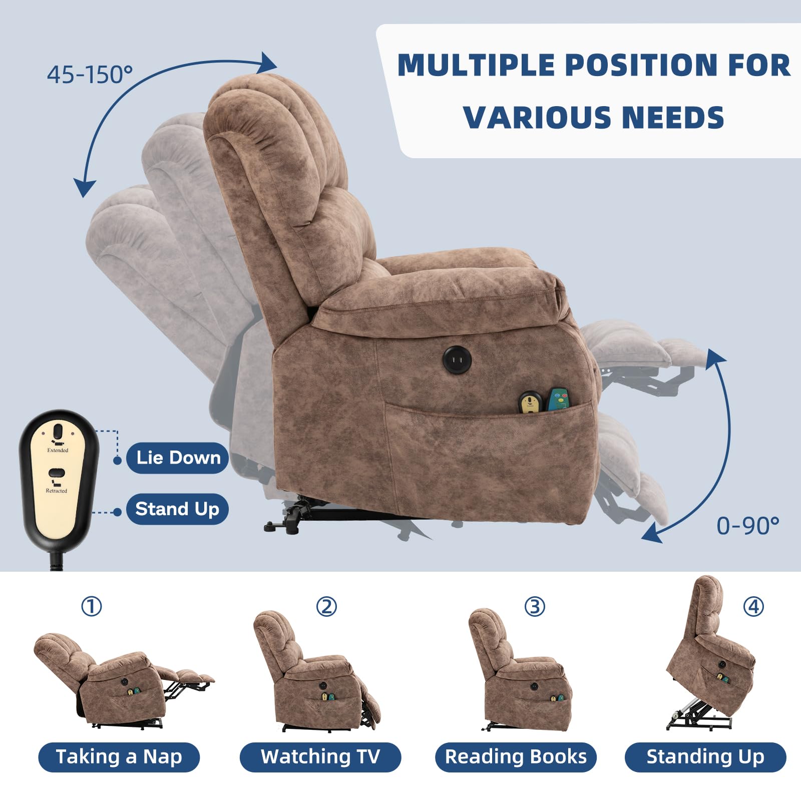 SOCIALCOMFY Large Electric Power Lift Recliner Chair with Extended Footrest for Elderly Big Man, Overstuffed Heated Massage Wide Reclining Sofa with 2 Remote Controls, Side Pockets & USB Ports, Brown