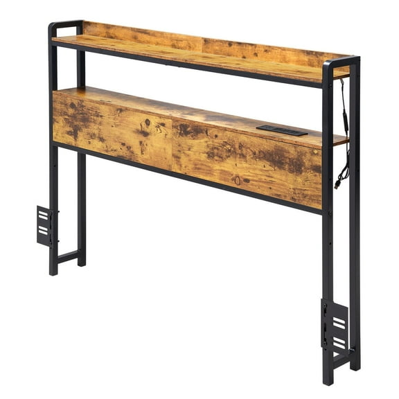 Freestanding Full Size Headboard with Adjustable Height, 2 Storage Shelves, USB Charging Station and LED Light, Easy to Assemble, Brown