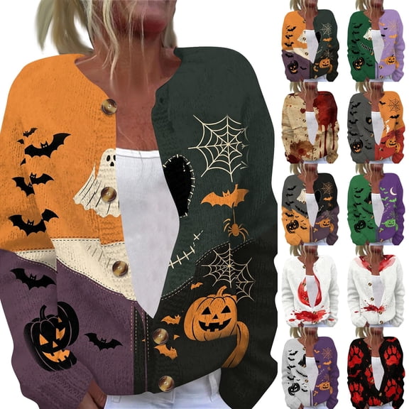 Halloween Cardigan Sweaters for Women Funny Pumpkin Bat Womens Cardigan Sweaters Open Knit Utton Down Cropped Long Sleeve Fall Trendy Soft Cardigan Outwear Multicolor M