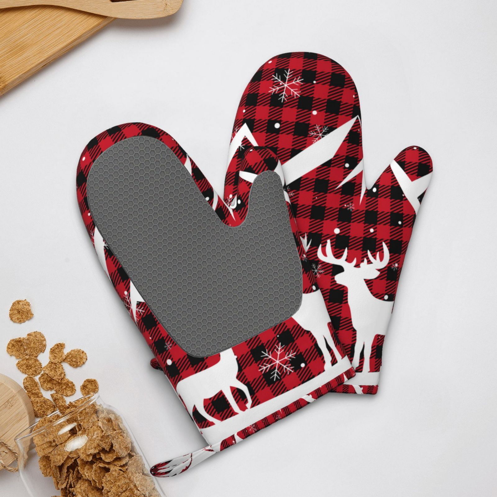 Hirioo Christmas Buffalo Plaid for Silicone Oven Mitts for BBQ, Baking, Cooking, Set of 2, Heat Resistant 260℃, Non-Slip Kitchen Essentials