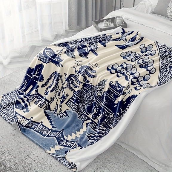 1pc of Ancient Chinese Blue Willow Style Flannel Lightweight Fluffy Blanket, Comfortable And Soft Plush Home Decor for Sofa, Bed, Bedroom, Living Room, And Travel.