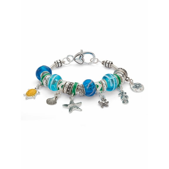 PalmBeach Jewelry Blue and Green Crystal Bali-Style Beaded Coastal Charm Bracelet in Antiqued Silvertone 7"