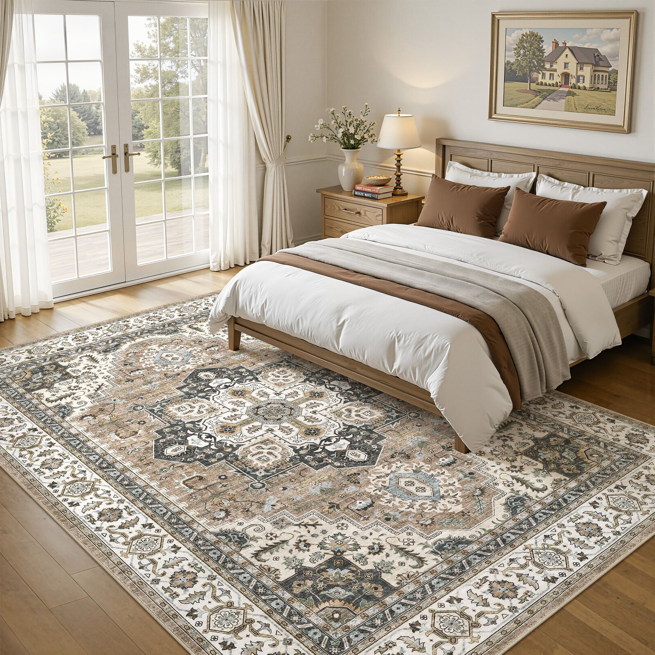 UERMEI 8'x10' Area Rugs for Living Room, Vintage Traditional Washable Rug for Bedroom Dining Room Home Office, Non-slip Floral Large Area Rug Decor Carpet, Brown Beige Rug