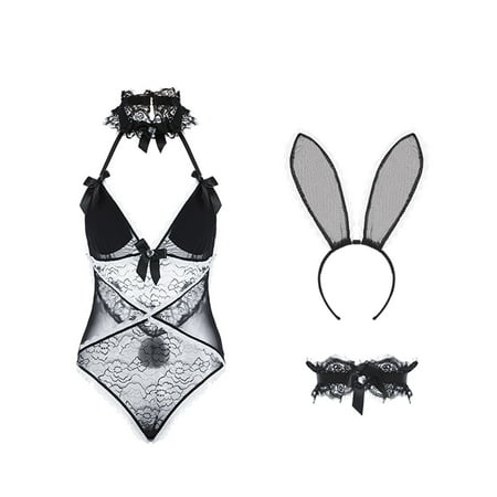 

Mrat Lingerie Sets Garter Belt Lingerie Set Ladies Fashion Erotic Lingerie Fishnets Lace Hollow Suspenders Bunny Girl Jumpsuit Headdress Suit Knot Front Teddy Lingerie