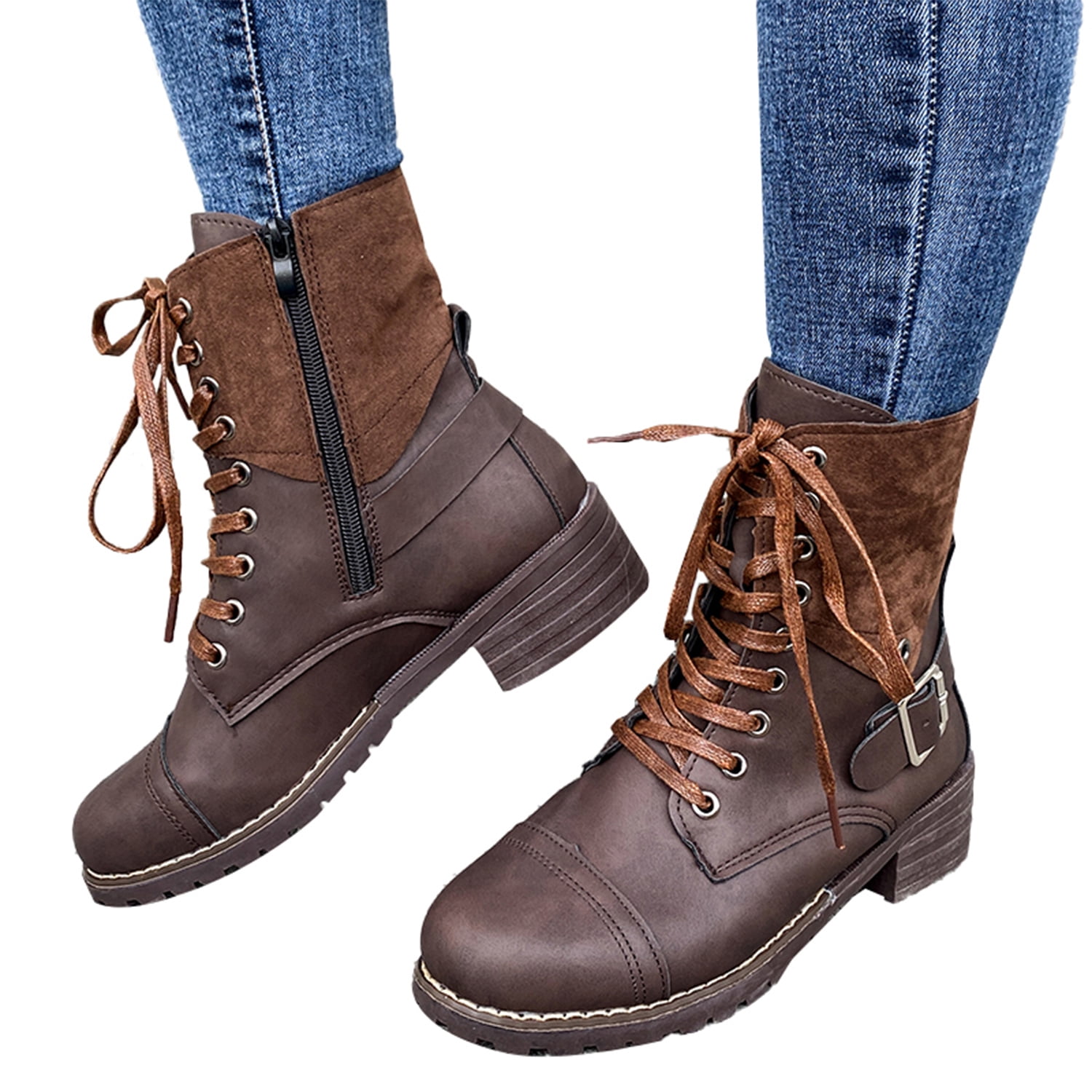 Fashion Buckle Lace up Womens Combat Military Boots Zip Faux Leather Womens Mid-Calf Boots Winter Shoes