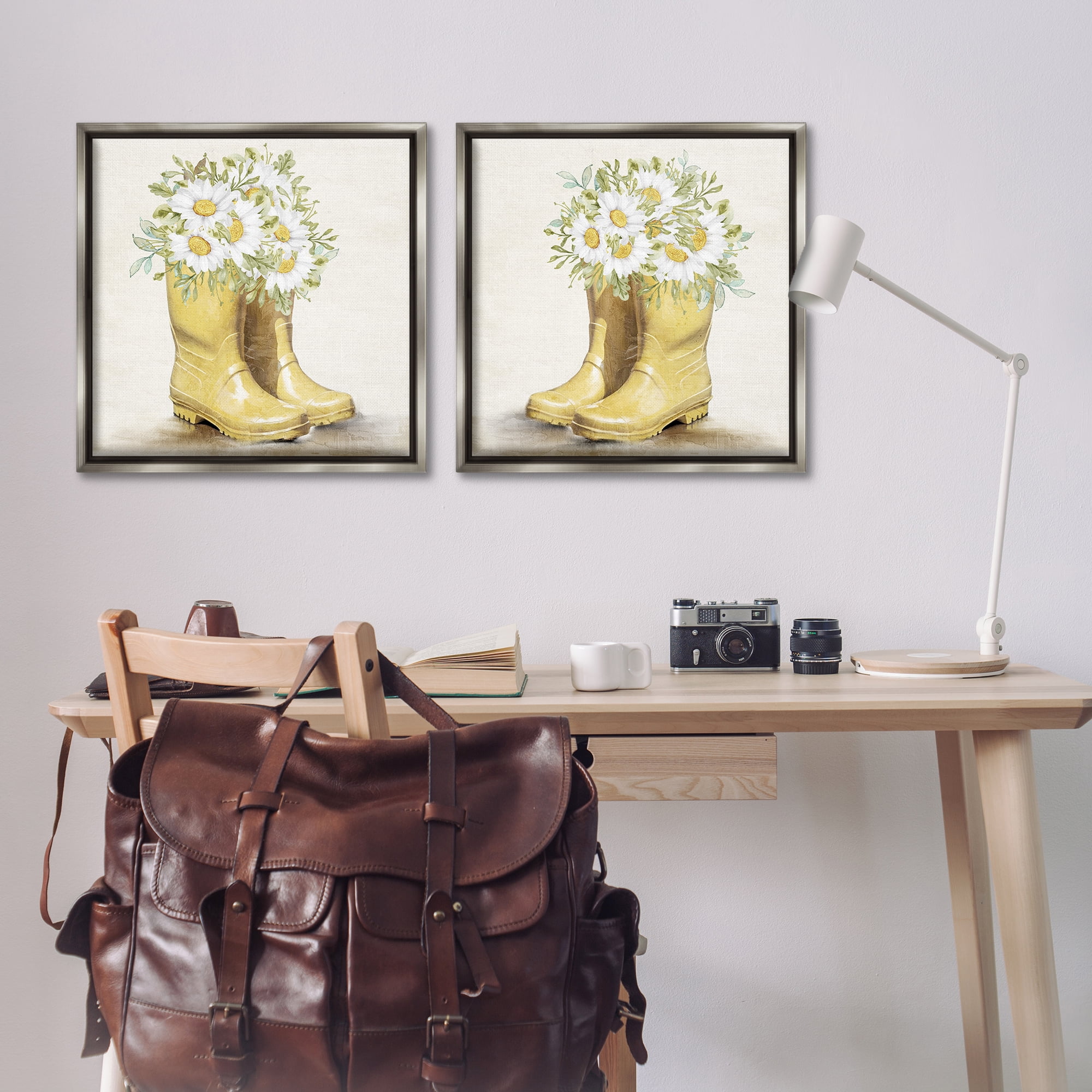 Stupell Industries Yellow Garden Boots Daisies Plants & Flowers Painting Gray Floater Framed Canvas Art Print Wall Art, 25 x 25, Set of 2