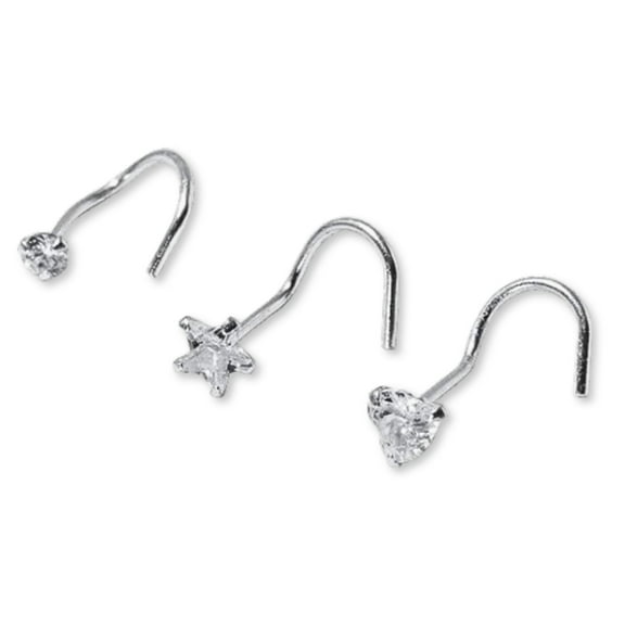 Claire's Nose Rings – Durable Hypoallergenic Sterling Silver Nose Studs for Women – Premium 3-Piece Jewelry for Nose Piercings with Sparkling Gemstones – Heart, Round, and Traditional