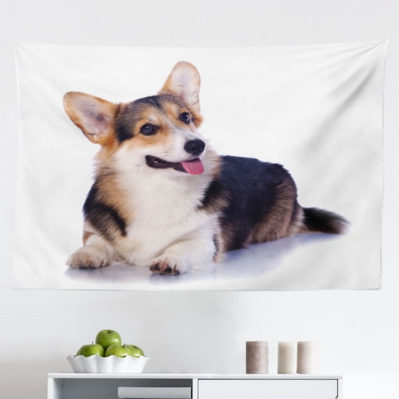 Corgi Tapestry, Welsh Breed Dog Friend Illustration with Typography, Fabric Wall Hanging Decor for Bedroom Living Room Dorm, 2 Sizes, Orange White, by Ambesonne