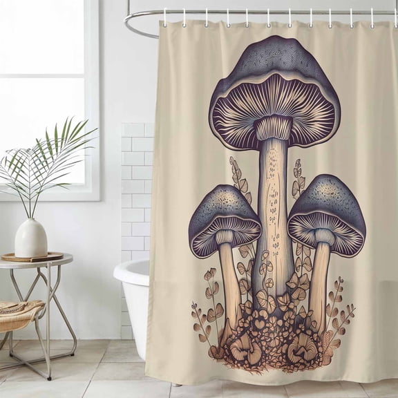 Mushroom Waterproof Fabric Shower Curtain, Blue Brown Botanical Summer Waterproof Fabric Shower Curtain for Bathroom Curtains Bathtubs Hotel Washable Shower Curtains with 12 Hooks Extra Long 72x96