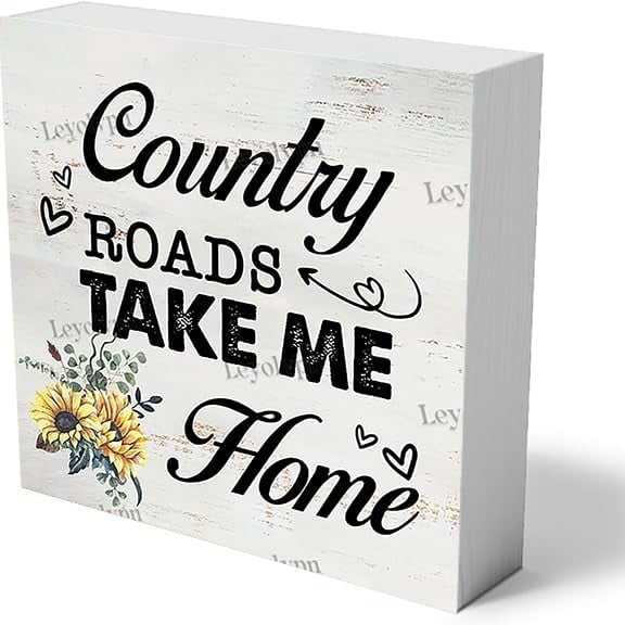 Country Roads Take Me Home Wood Box Sign Rustic Farmhouse Wooden Sign Block Plaque for Wall Tabletop Desk Home Decor, 5x5 Inches #51534