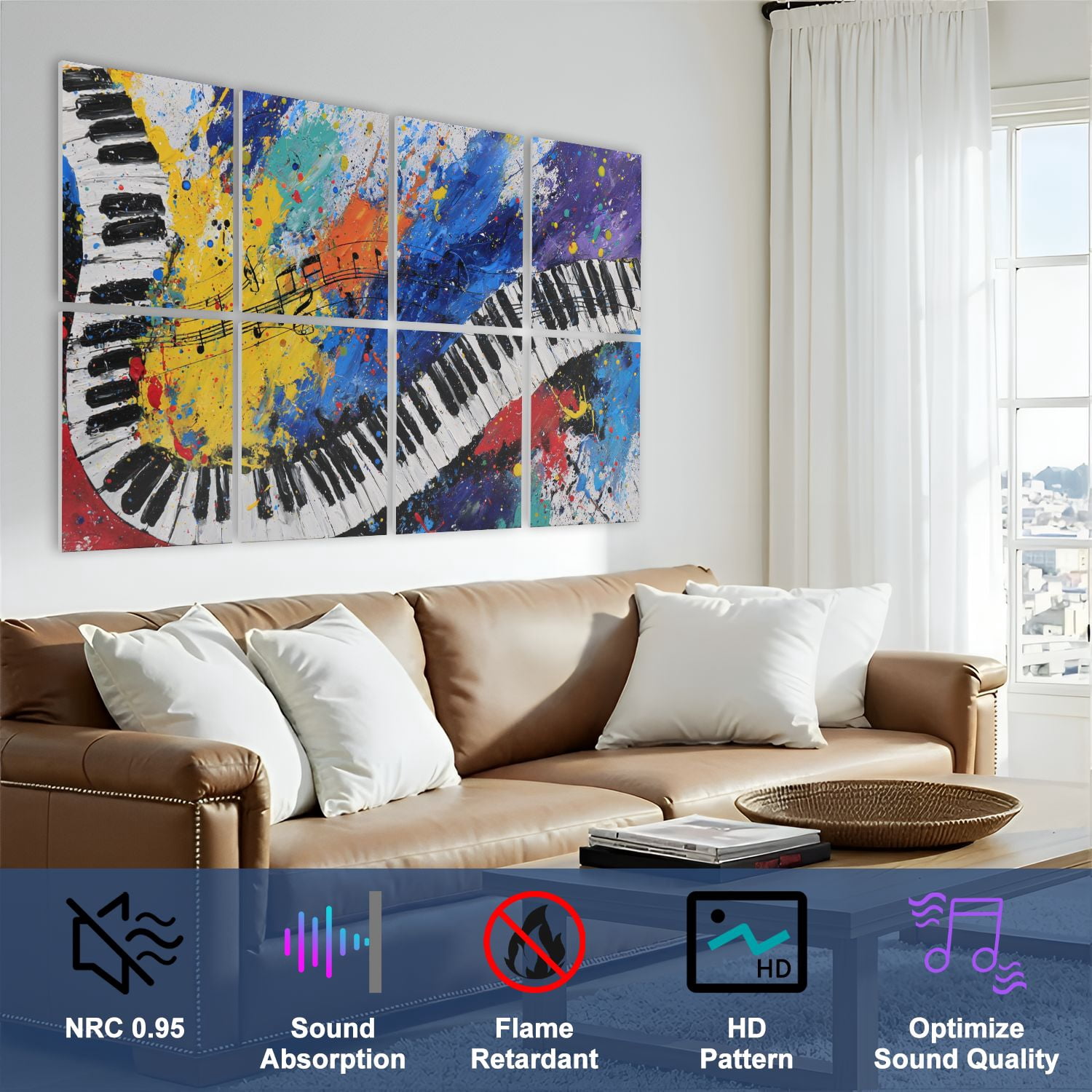 8 Pack Art Acoustic Panels Sound Absorbing Abstract Piano Keyboard Musical Notes Splash Graffiti Curved Piano Decorative Soundproof Wall Panels Self Adhesive for Nursery Game Room Bedroom 48"x32"