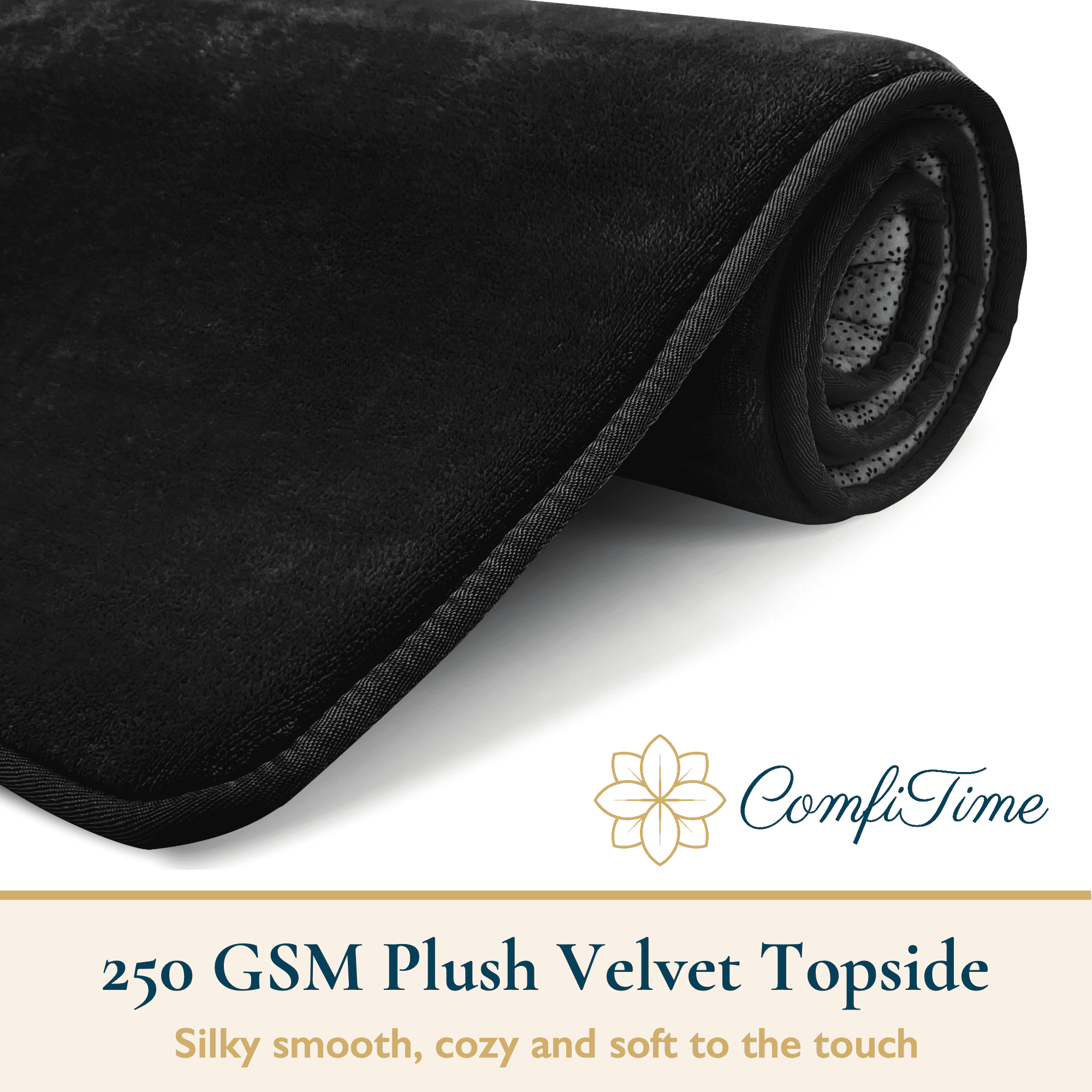 ComfiTime Bathroom Rugs – 1 inch Thick Memory Foam, 17" x 24" Bath Mat, Soft Plush Velvet Top, Non-Slip, Ultra Absorbent, Large & Long Rugs for Bathroom Floor, Avail. in Black, Gray, Beige, Navy Blue
