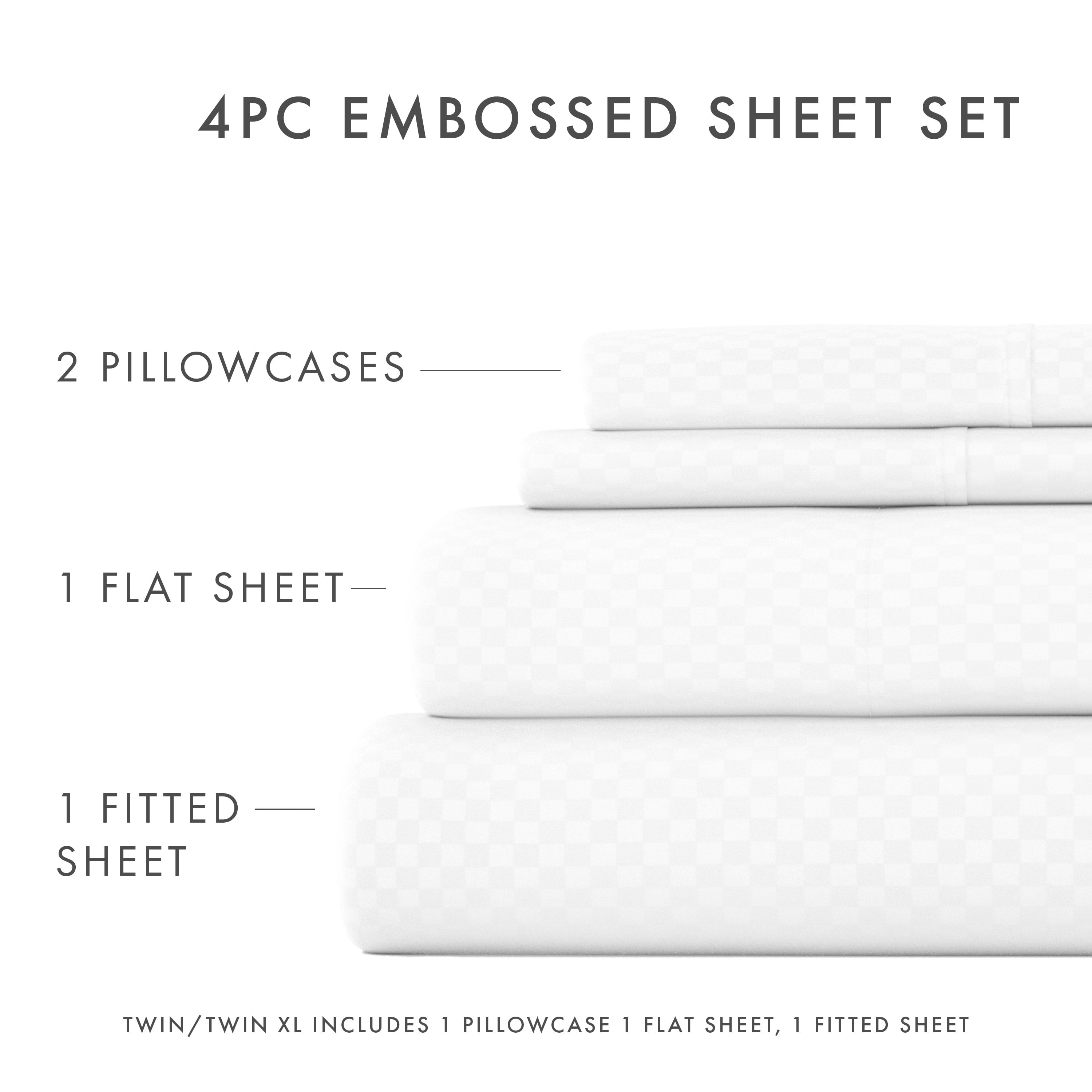 Noble Linens 4 Piece White Checkered Embossed Bed Sheet Set, Queen