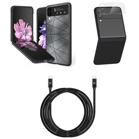 Bemz Premium Bundle for Samsung Galaxy Z Flip 3 5G: Slim Snap-On Protector Case (Abstract Grey), Rear Camera Glass Protector, Nylon Braided USB-C to USB-C Cable (4 Feet)