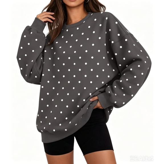 Domzest Womens Polka Dot Sweatshirt Drop Shoulder Crew Neck Long Sleeve Pullover Top 2026 Fall Winter Trendy Fleece Sweatshirts