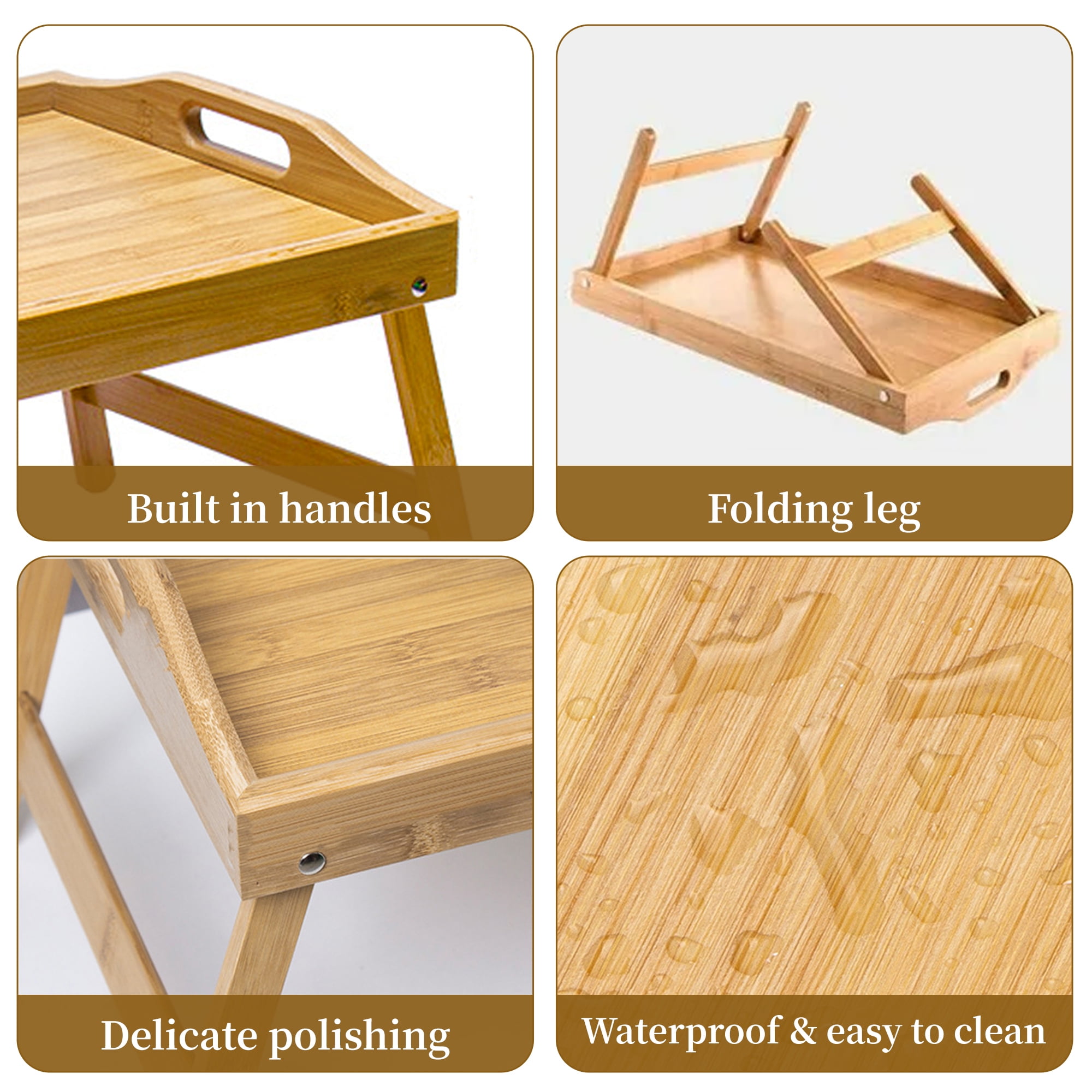 GARITIN Bed Tray Table, Breakfast Tray with Folding Legs and Handles, Multipurpose Laptop Desk, Bamboo Serving for Kitchen, Sofa, Bedroom