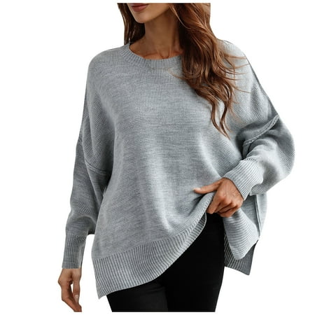 

Women s Fall Clothes Sweater Chunky Crewneck Grey Women s Autumn And Winter Solid Round Neck Long Sleeve Knit Sweater Pullover Color Neck Pullover Sweater Maternity Clothes Tops (M Light Gray)