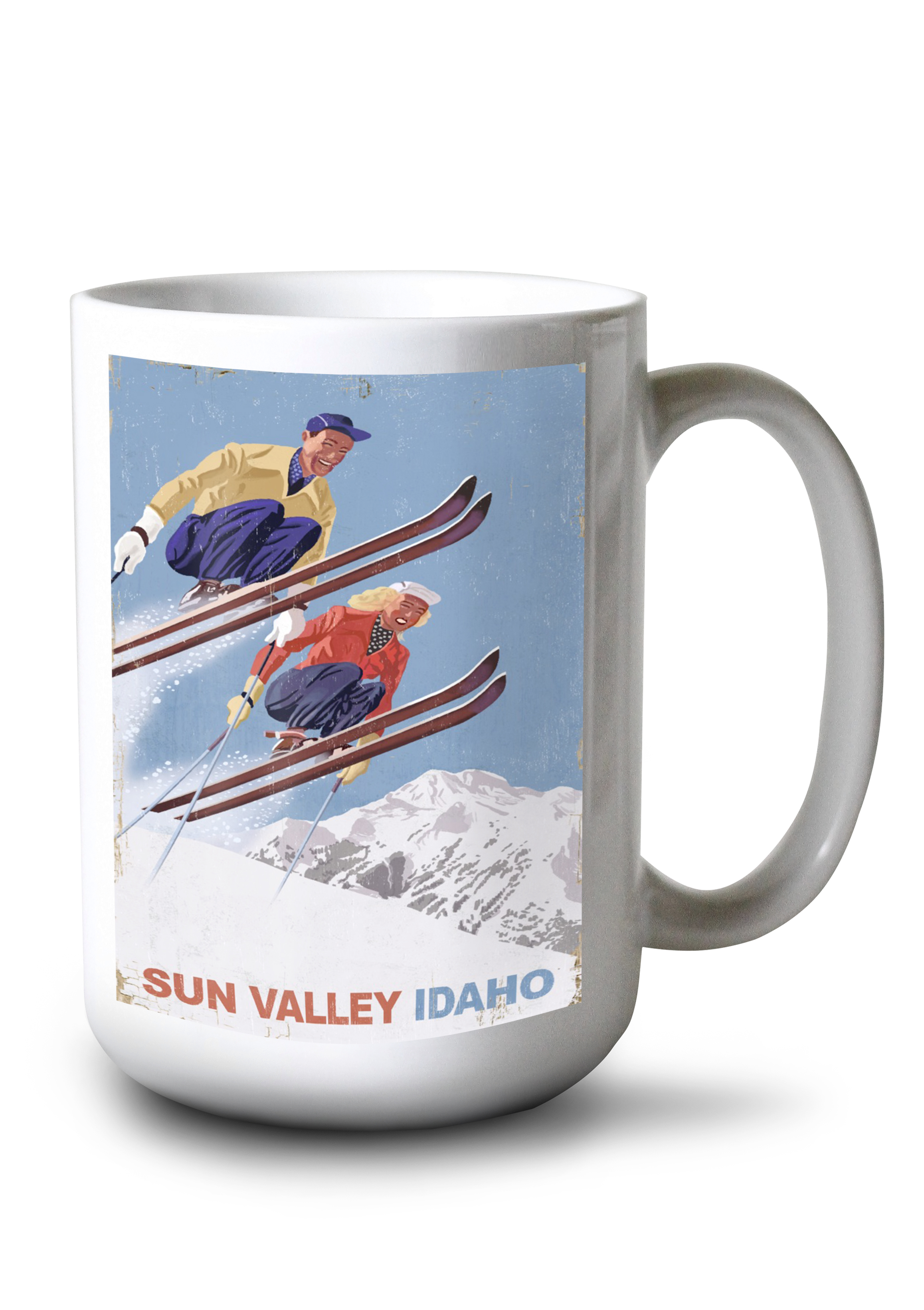 15 fl oz Ceramic Mug, Sun Valley, Idaho, Vintage Skiers, Dishwasher & Microwave Safe