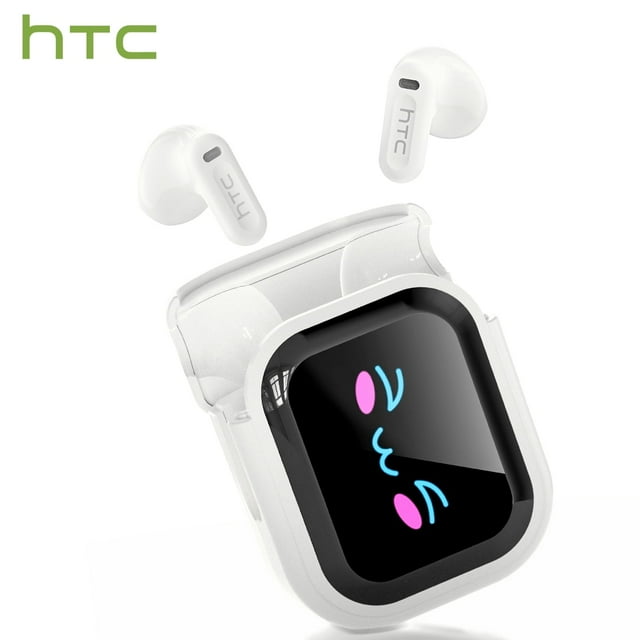 Open In-Ear AI Translation Wireless Earbuds - HTC NE20 Bluetooth 6.0, 130+ Language Translator, IPX5 Sweatproof for Running/Business, With LED Touch Screen, Beige white