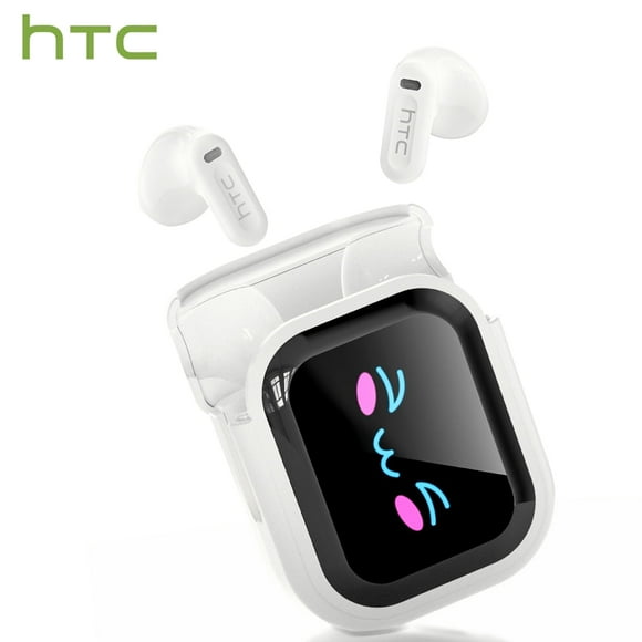 Open In-Ear AI Translation Wireless Earbuds - HTC NE20 Bluetooth 6.0, 130+ Language Translator, IPX5 Sweatproof for Running/Business, With LED Touch Screen, Beige white