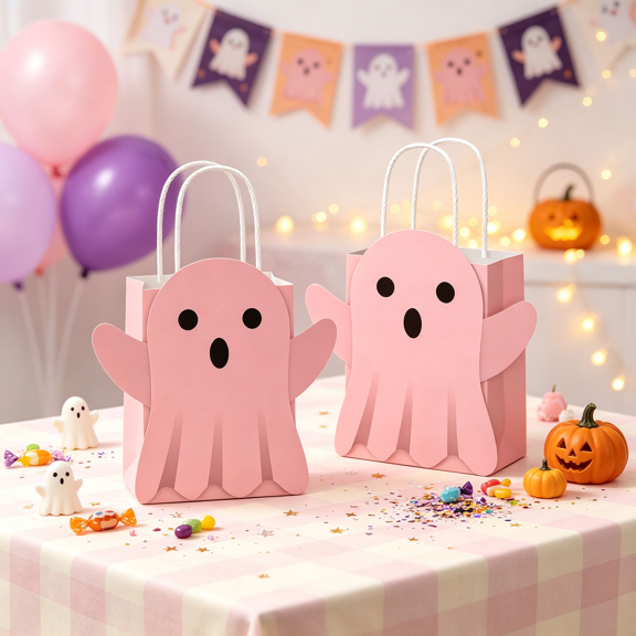 Halloween Pink Ghost Theme Party Favor Bags - 6 Pack, Cute & Sweet Style Design, Perfect for Birthday Parties & Halloween Parties
