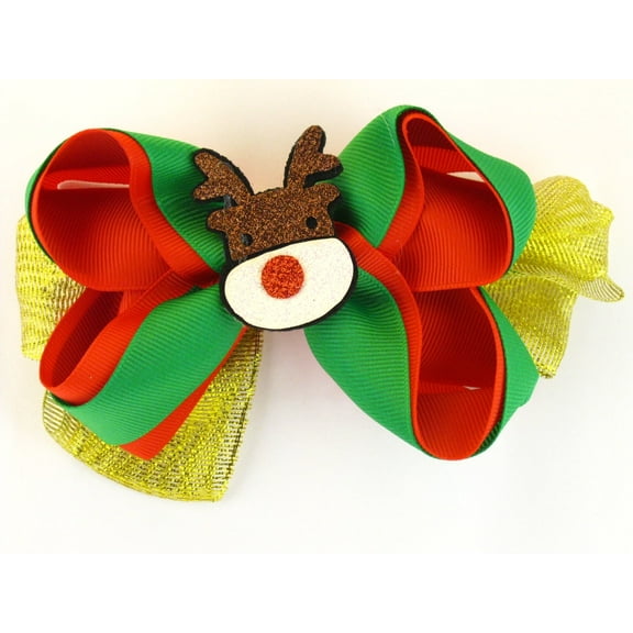 Christmas Reindeer Ribbon Hair Bow - 1 Pc.
