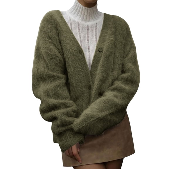 Yokua Fuzzy Cardigan Sweaters for Women V Neck Button Down Fluffy Knit Sweater Long Sleeve Cardigan Sweater Coat