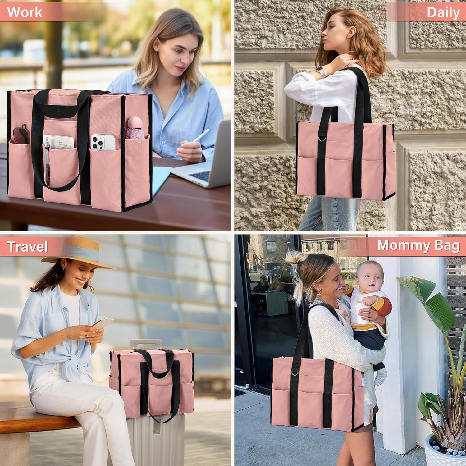 mirlewaiy Large Tote Bag for Women Waterproof with 12 Pockets Top Zipper Closure Utility Teacher Nurse Bags for Work School-Pink
