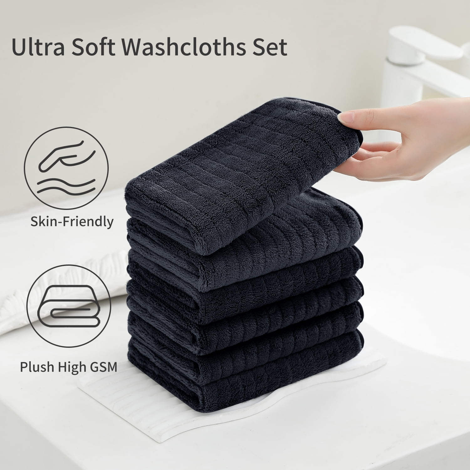 Jessy Home 24 Pack Black Stripe Washcloths for Bathroom 13x13 Inch Ultra Soft Hand Face Towels
