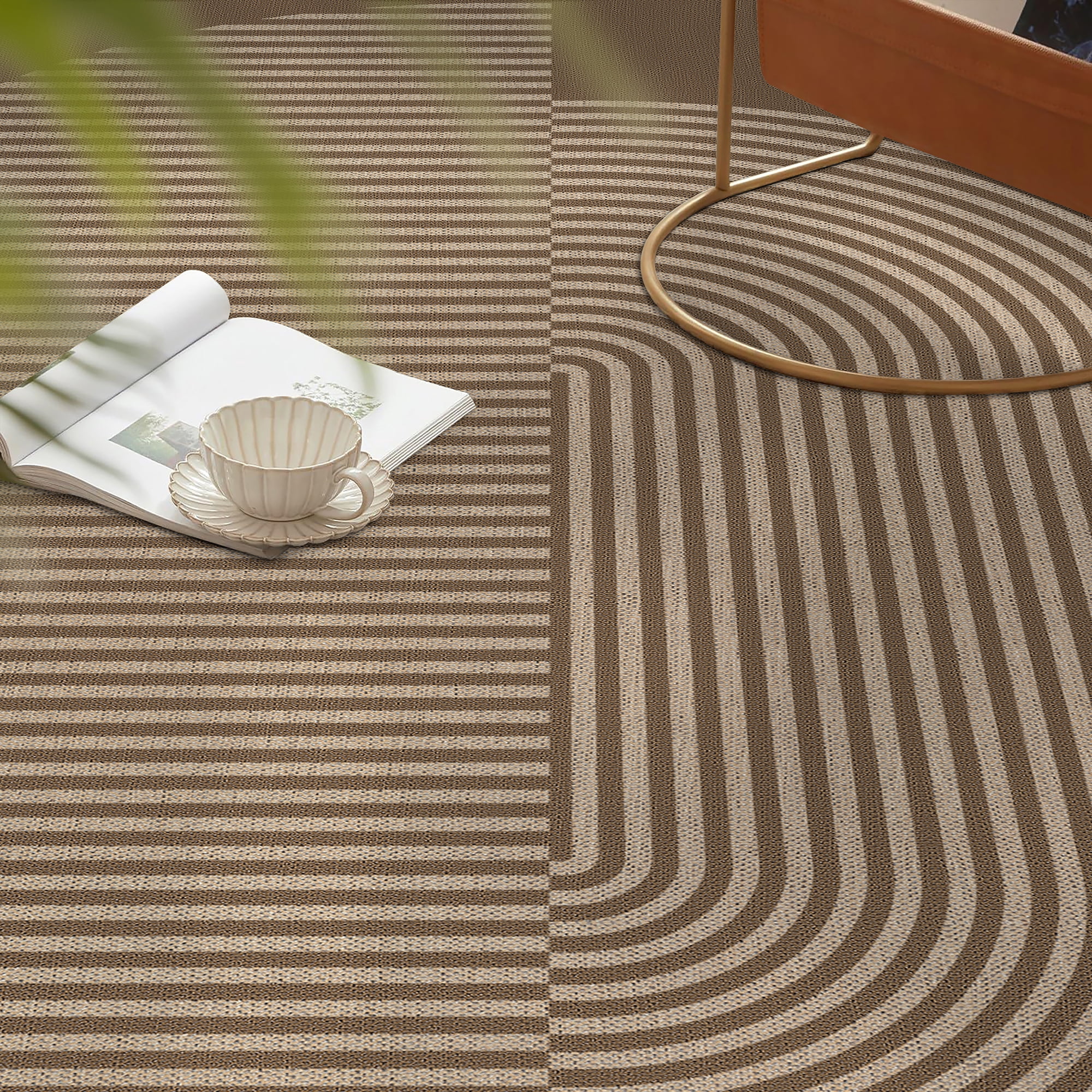 BERTHMEER 5'x7' Easy Jute Area Rugs, Washable Rugs for Living Room Farmhouse Neutral Carpet Non Slip Contemporary Geometric Stripes Brown Rugs for Office Bedroom Dining Room