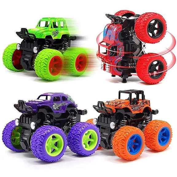 Monster Truck for Boys 3 4 5 6 7 Year Old,4 Pack Push and Go Friction Powered Car Toys, Double-Directions Inertia Pull Back Vehicle Set,Birthday Party Gift for Kids