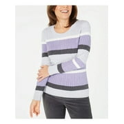 KAREN SCOTT Womens Purple Cotton Cable-knit Striped Long Sleeve Crew Neck Sweater Petites PM