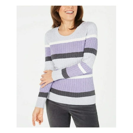 KAREN SCOTT Womens Purple Cotton Cable-knit Striped Long Sleeve Crew Neck Sweater Petites PM
