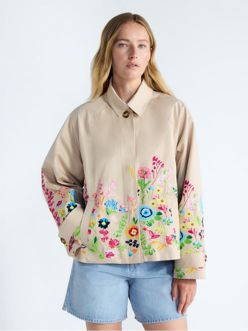 Free Assembly Women's and Women's Plus Short Embroidered Trench
