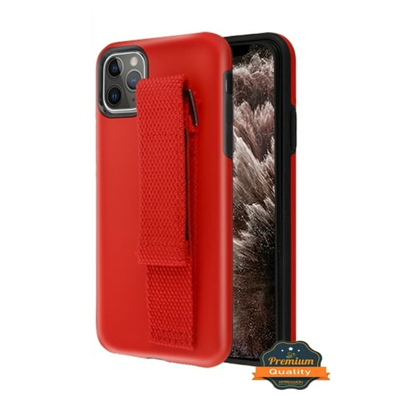 Apple iPhone 11 PRO MAX Phone Case Hybrid Armor Rubber Protective Dual Layer with Stand, Wristband Style /Wrist Strap Handle Durable Shockproof Hard PC   TPU Silicone RED Cover for iPhone 11 Pro Max