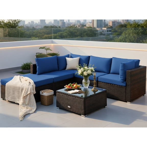 Resenkos 6-Piece Blue Outdoor Rattan Sectional Sofa Set with Tempered Glass Coffee Table – L-Shaped Patio Furniture for Garden, Poolside & Deck