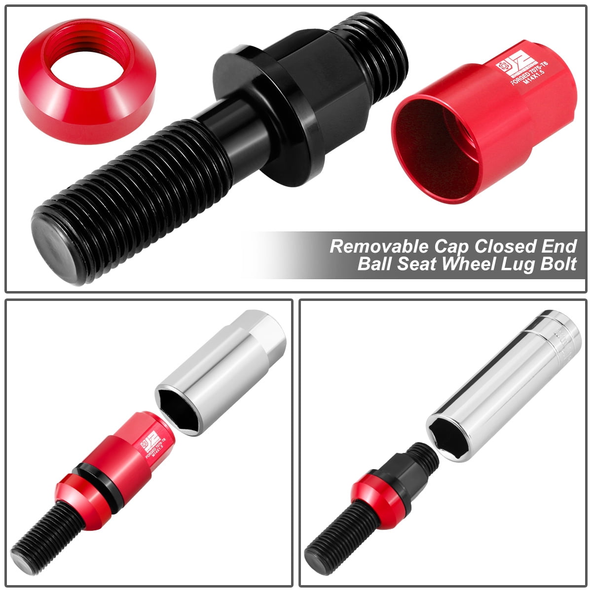 J2 Engineering J2-LN-T7-041BS-RD For 1992-2022 Mercedes-Benz Closed End Lug Bolt Nuts M14 x 1.5 Red