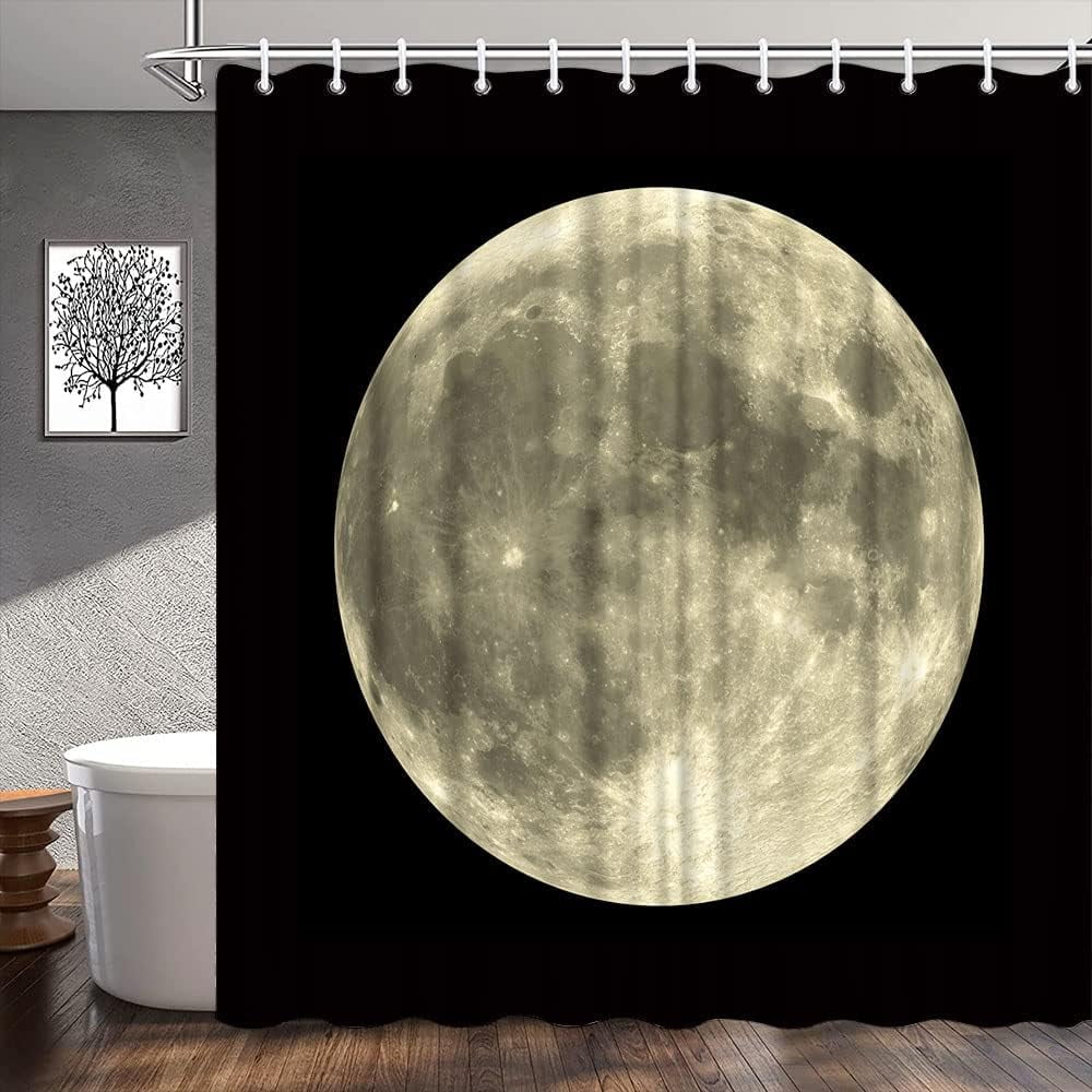 Full Moon Shower Curtain Mysterious Gray Planet Black Background Bathroom Decor Fabric Curtains with Hook 35Wx70H Inches