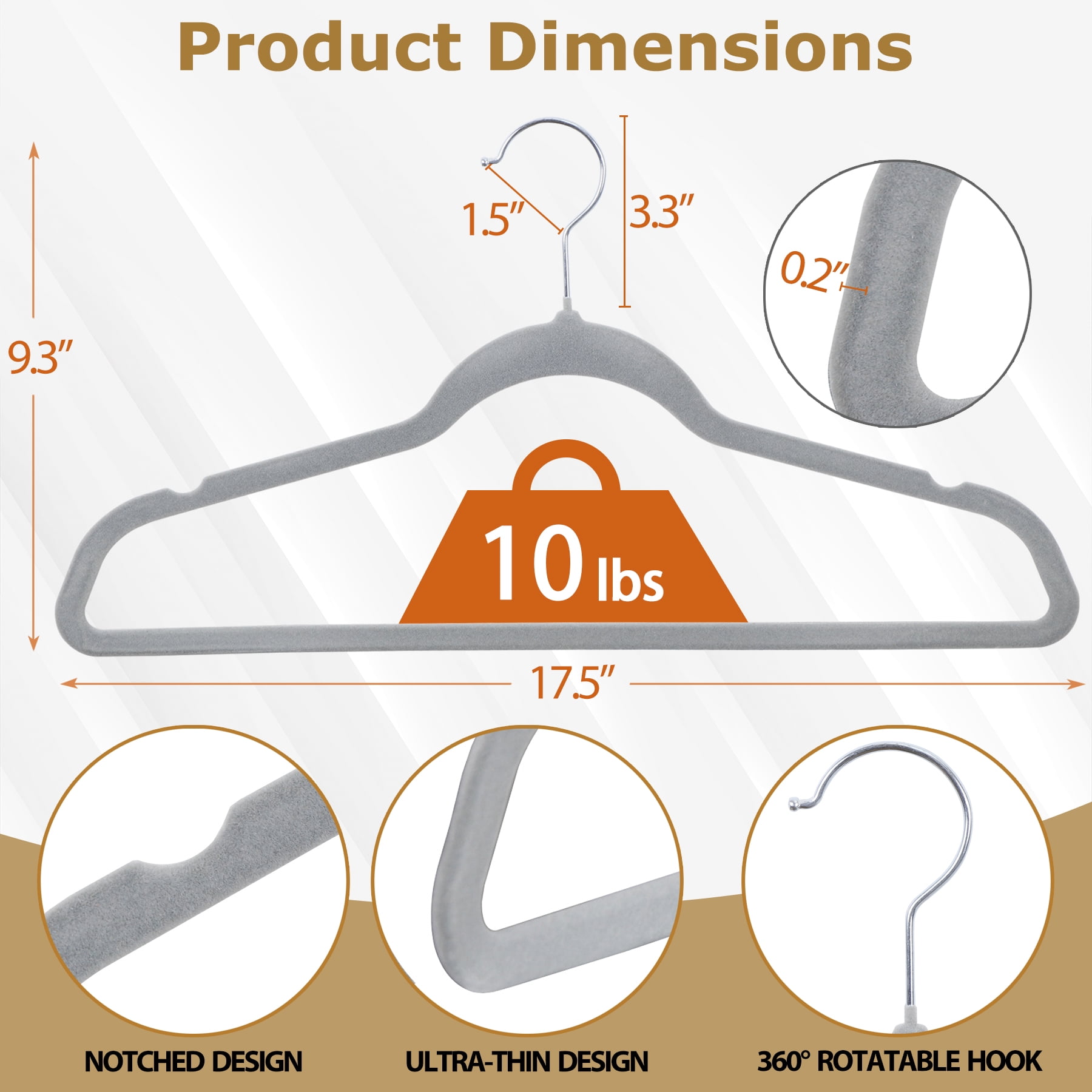 SuperDeal 100 Pack Velvet Clothes Hangers Non-Slip Slim Hangers Non-Slip Adult Suit Shirts Hangers 360° Swivel Hook, Gray
