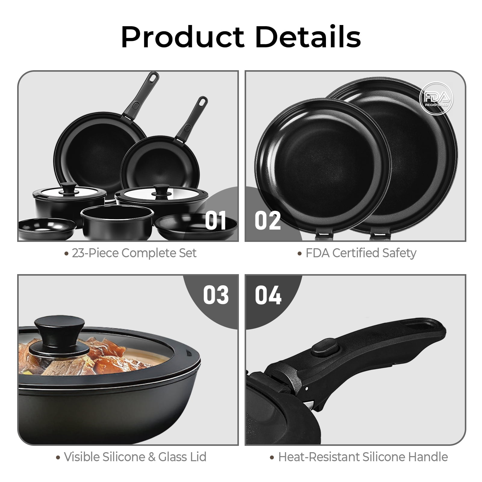 Ktaxon 23pcs Nonstick Cookware Set with Detachable Handle, 7 Pots and Pans Set Aluminum Kitchen Cooking Set, Induction Safe, Black