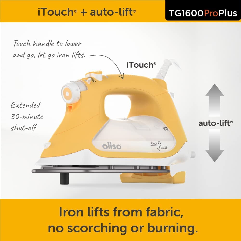 Oliso TG1600 Pro Plus 1800 Watt SmartIron with Auto Lift - for Clothes, Sewing, Quilting and Crafting Ironing | Diamond Ceramic-Flow Soleplate Steam Iron, Yellow
